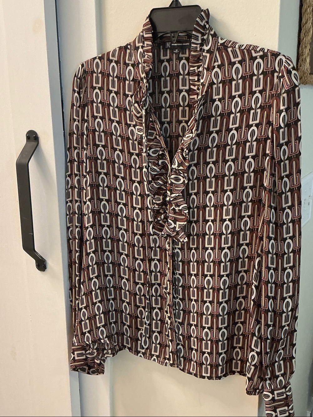 INC International Concepts Brown & Black Geometric Ruffle Blouse